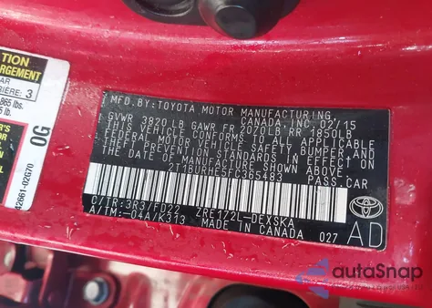 2015 Toyota Corolla S from USA, damaged, VIN 2T1BURHE5FC365483